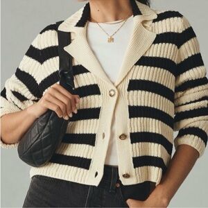 Anthropologie Maeve Black and Cream Striped Ribbed Button-Front Cardigan